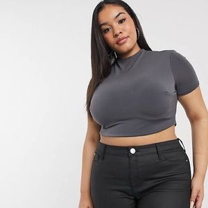 NWOT Club L London ASOS Plus Slinky Short Sleeve Crop Top Keyhole Back Charcoal